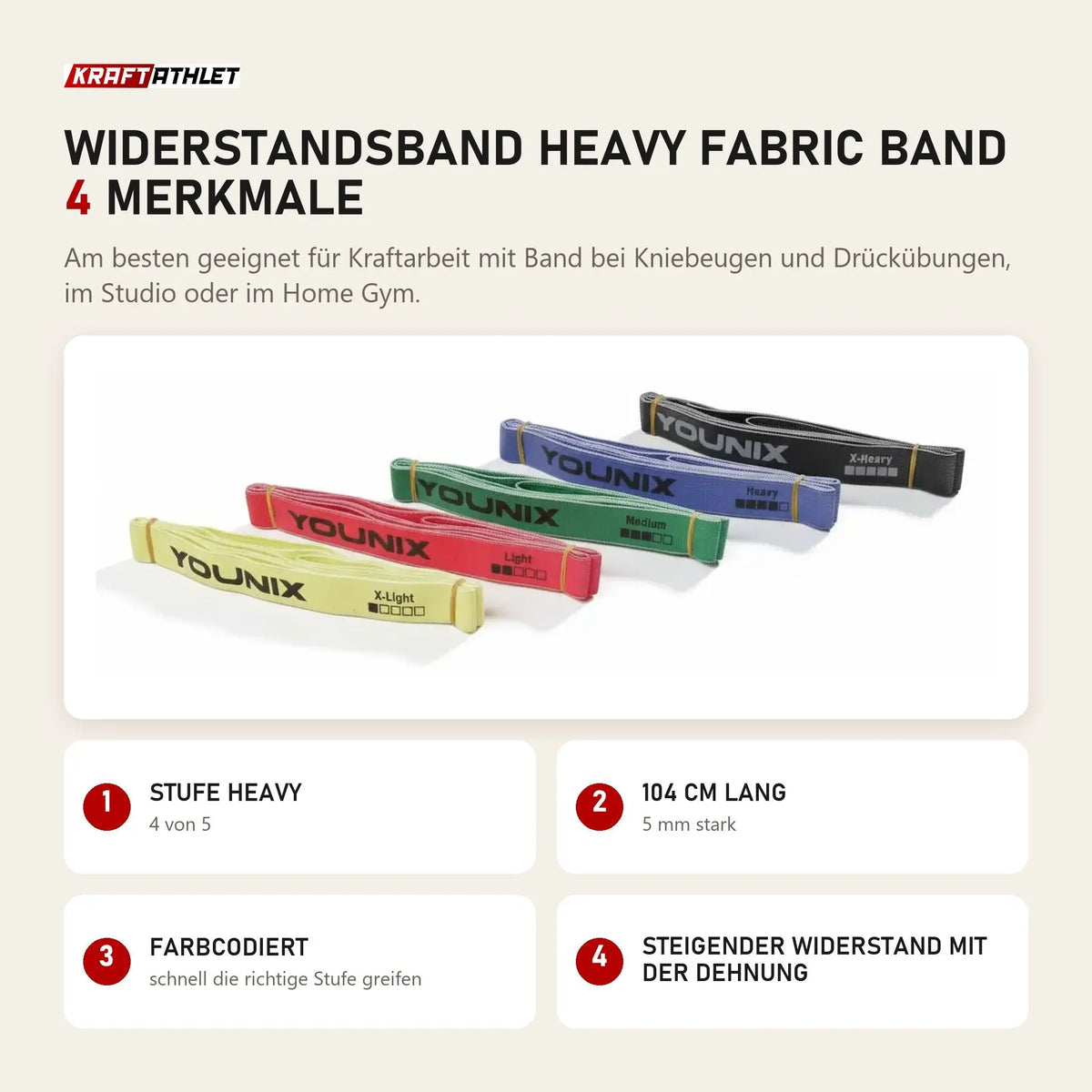 Younix Widerstandsband Heavy Fabric Band mit 4 Merkmalen: Stufe Heavy, 104 cm lang, Farbcodiert, Steigender Widerstand mit der Dehnung